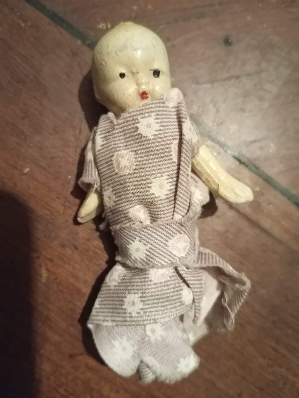 Antique 1920s Panon Japan All Bisque Miniature Swaddled Baby Doll 2.5" Flowers